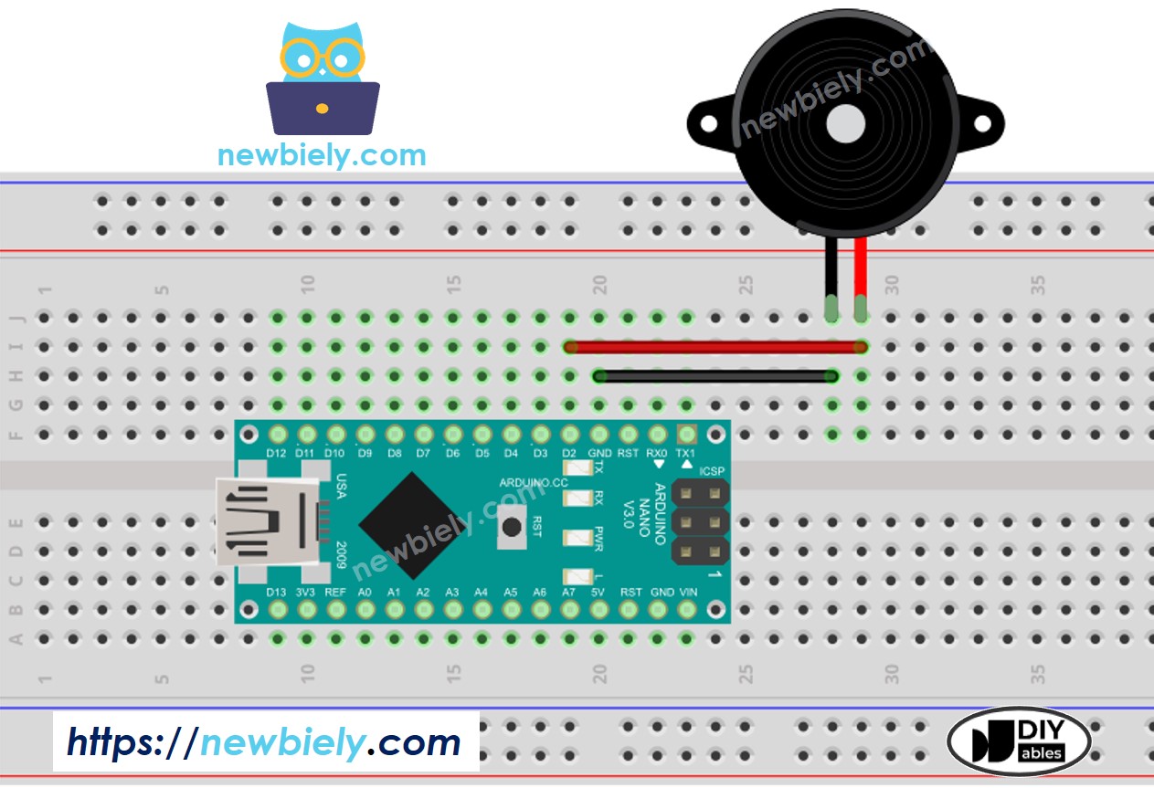 The wiring diagram between Arduino Nano and Piezo Buzzer