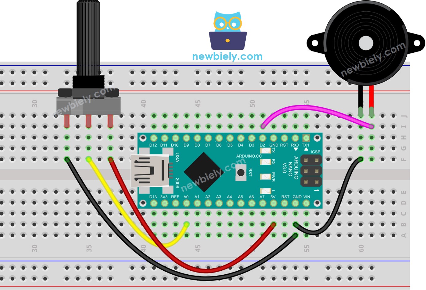 Diagrama de ligação do Arduino Nano com potenciômetro e piezo buzzer