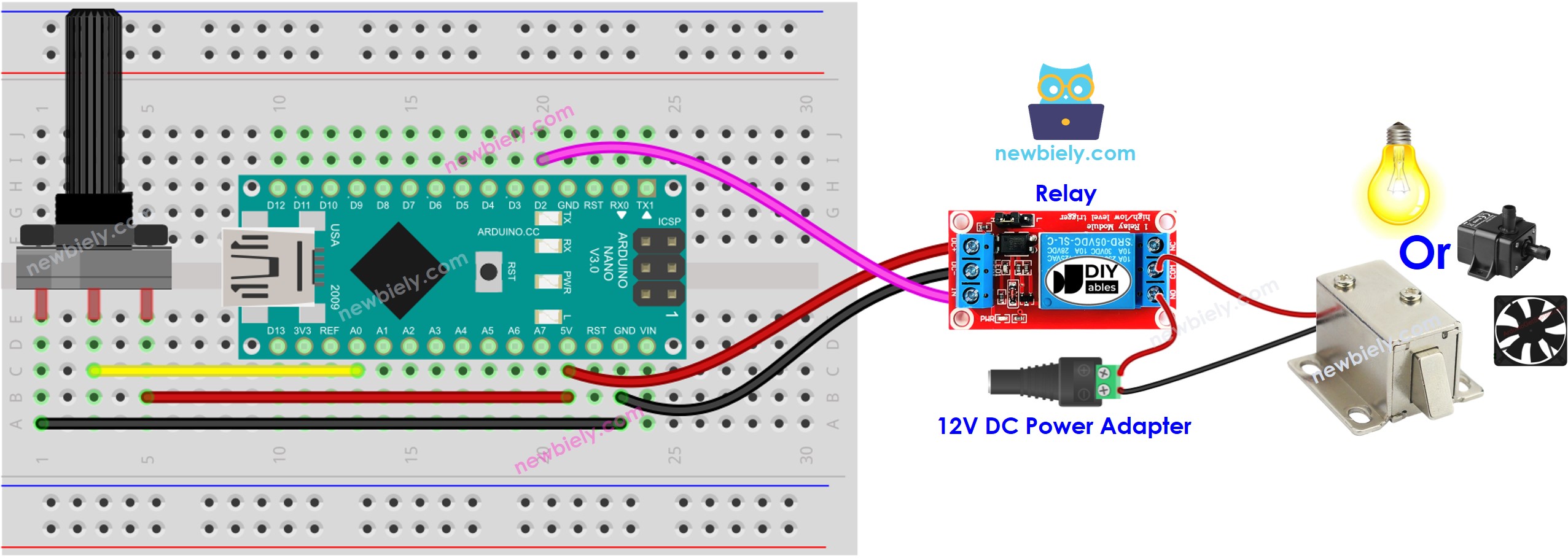 Diagrama de ligação do Arduino Nano com potenciômetro e relé