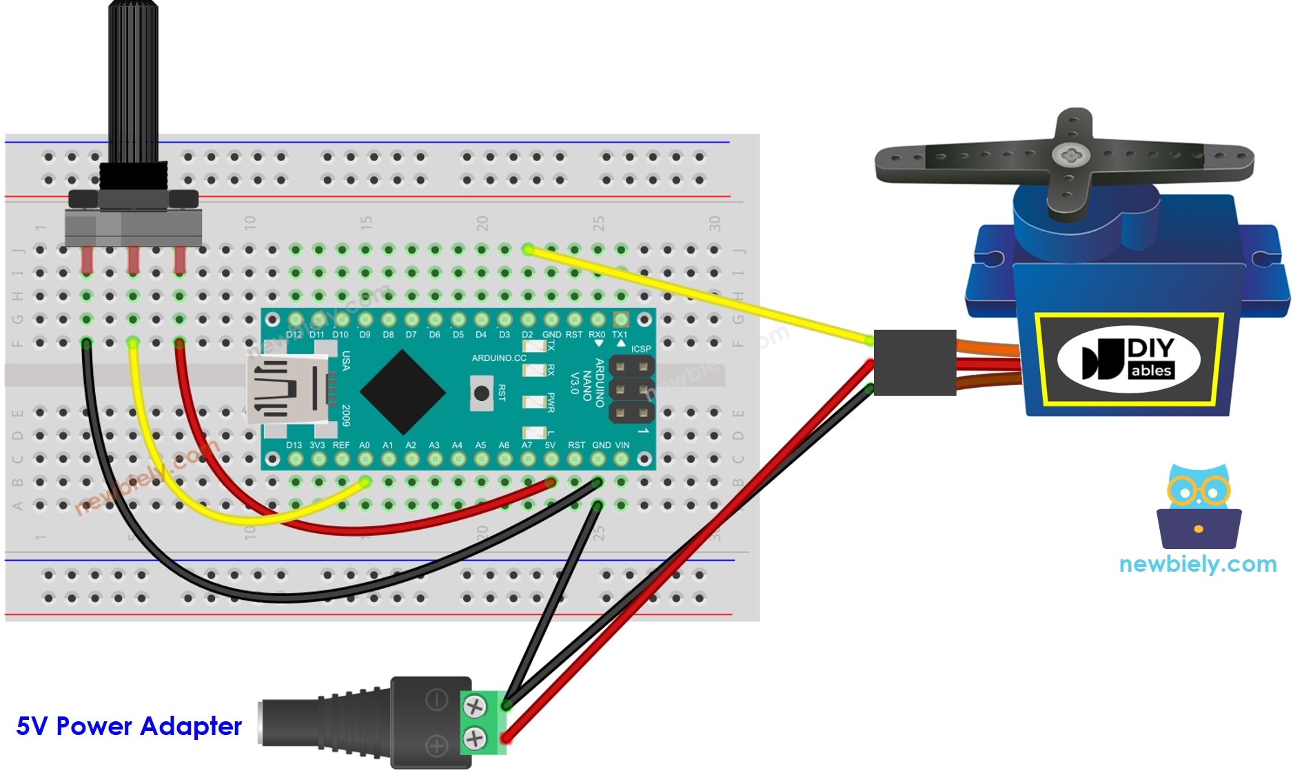 Diagrama de ligação do Arduino Nano com servo motor e potenciômetro