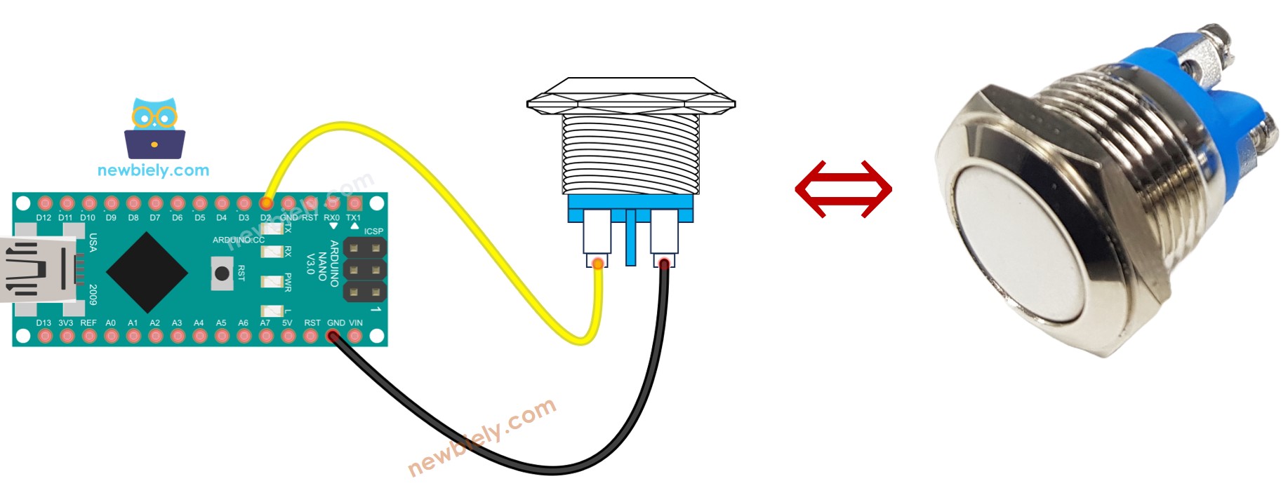 Diagrama de Ligação do botão de pressão de dois pinos com Arduino Nano