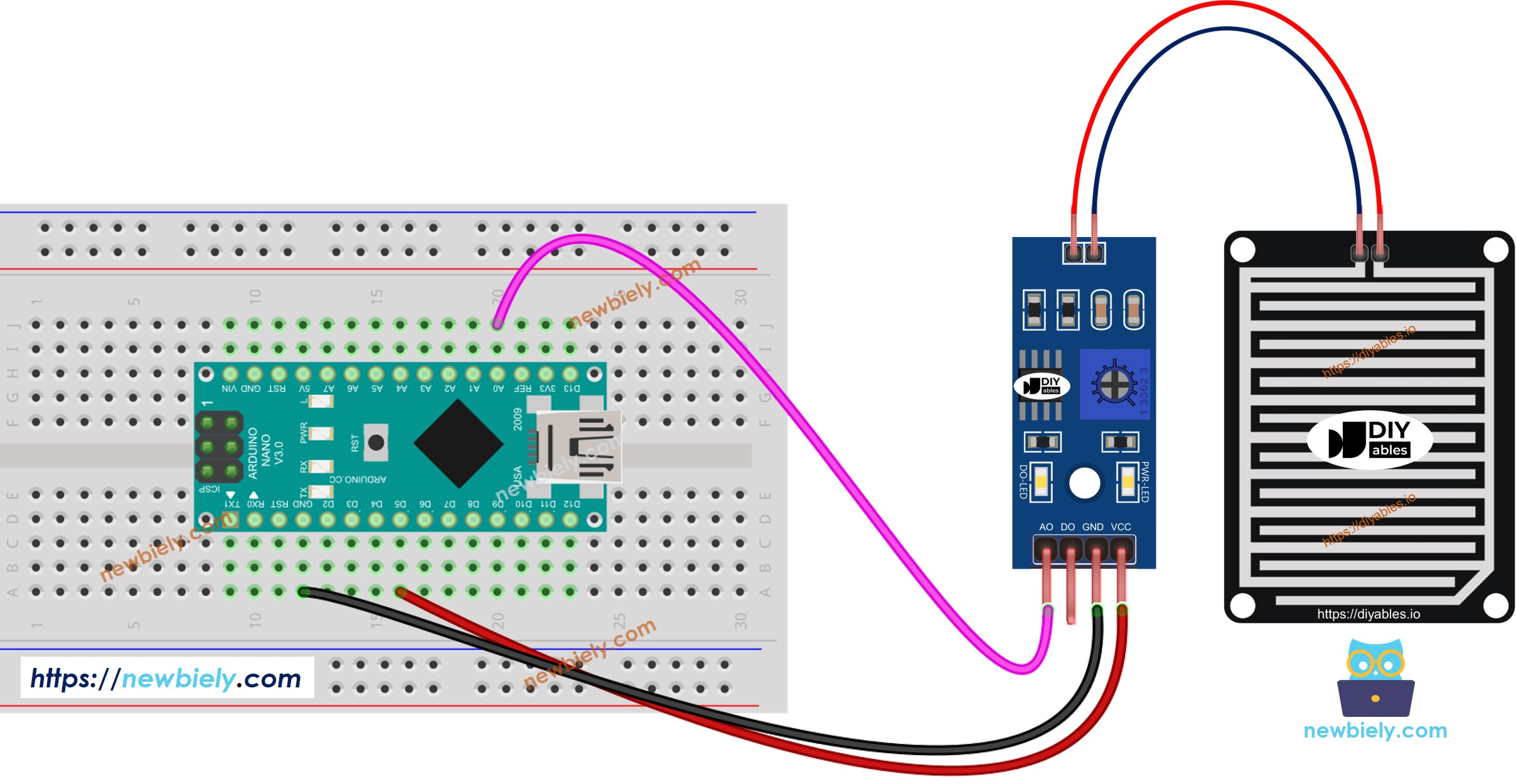 Diagrama de ligação da detecção de chuva com Arduino Nano