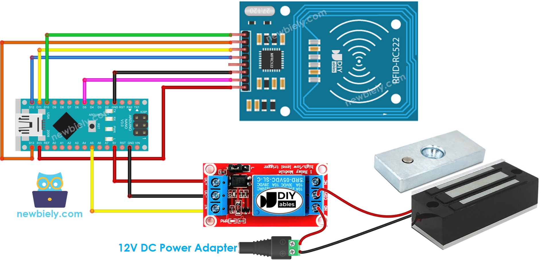 Diagrama de ligação do sistema de fechadura eletromagnética de porta RFID RC522 com Arduino Nano