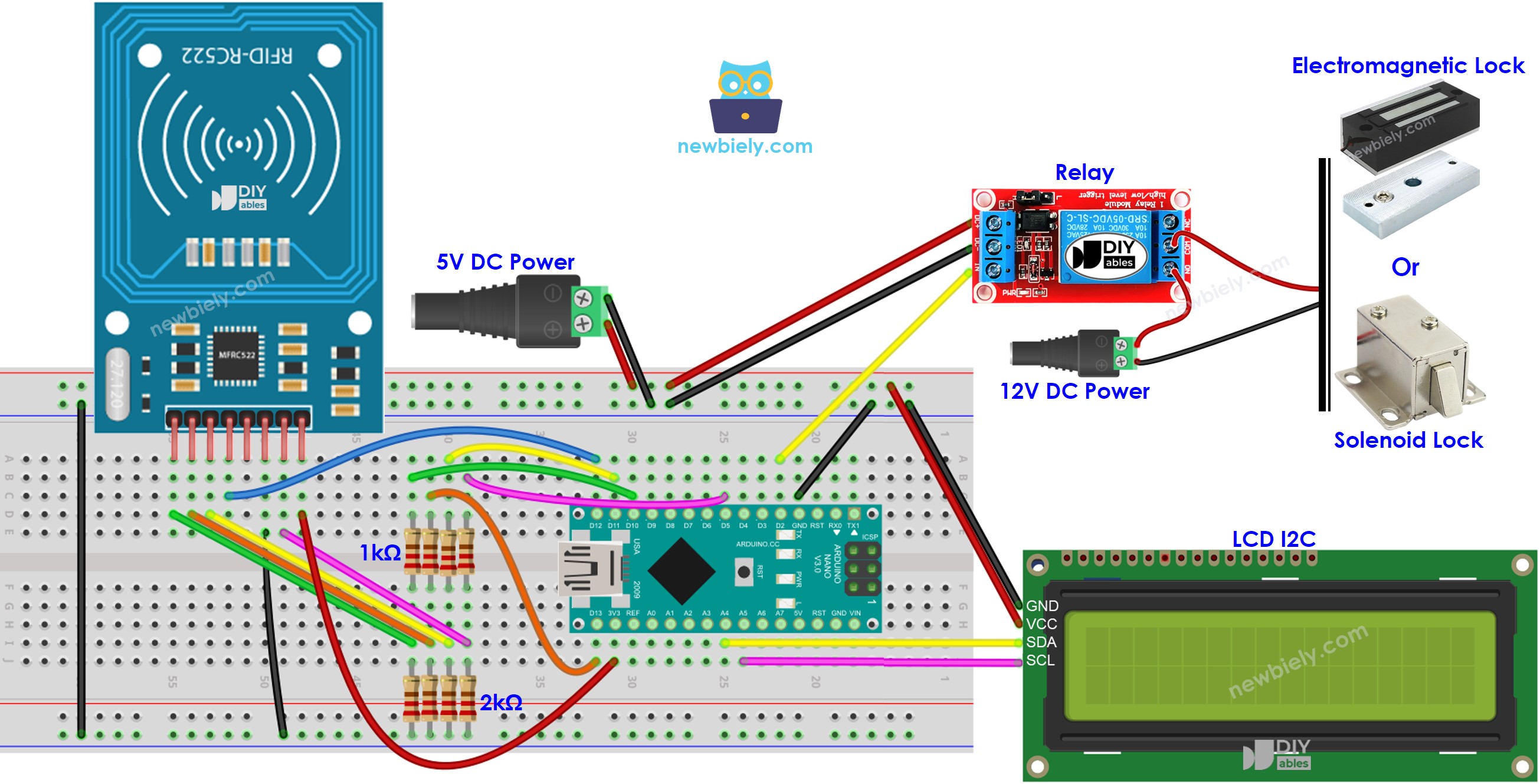 Diagrama de ligação da fechadura de porta RFID RC522 com LCD e Arduino Nano