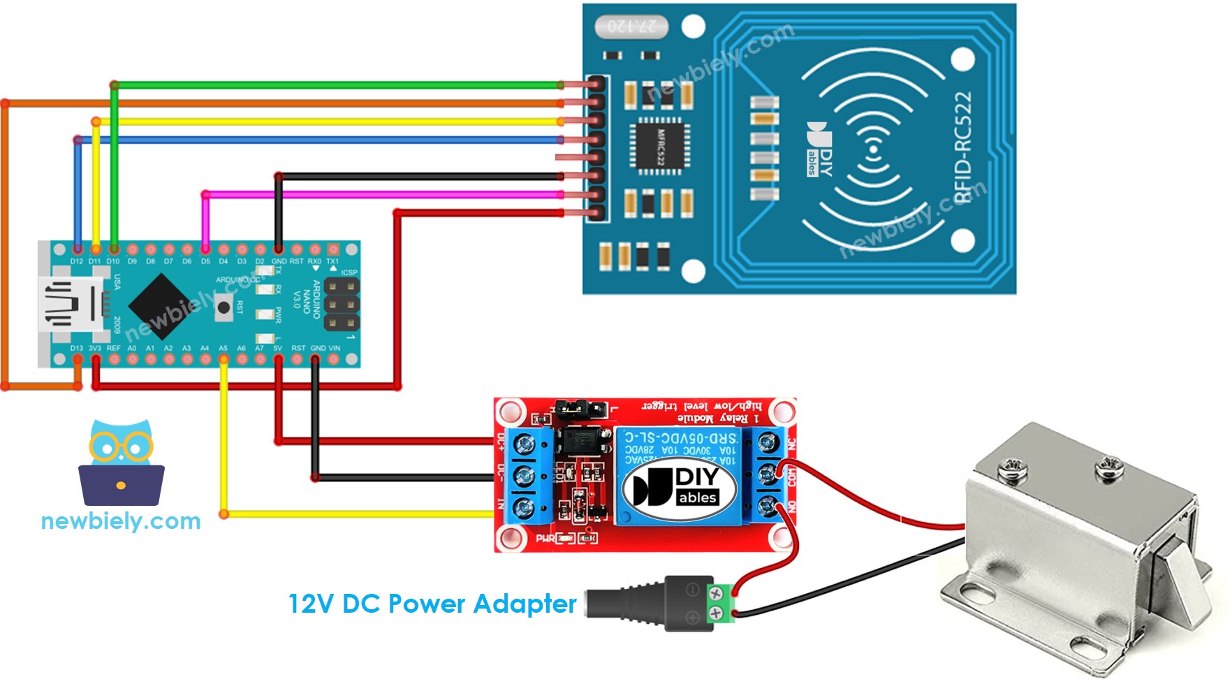 Diagrama de ligação do sistema de fechadura solenoide de porta RFID RC522 com Arduino Nano