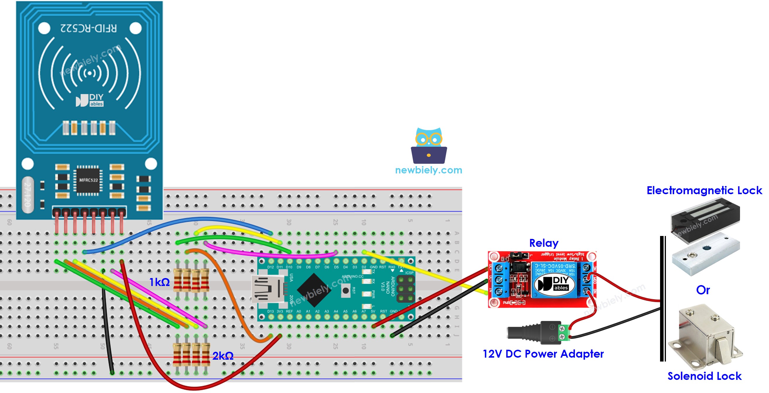 Diagrama de ligação do Arduino Nano com RFID RC522 e tensão regulada