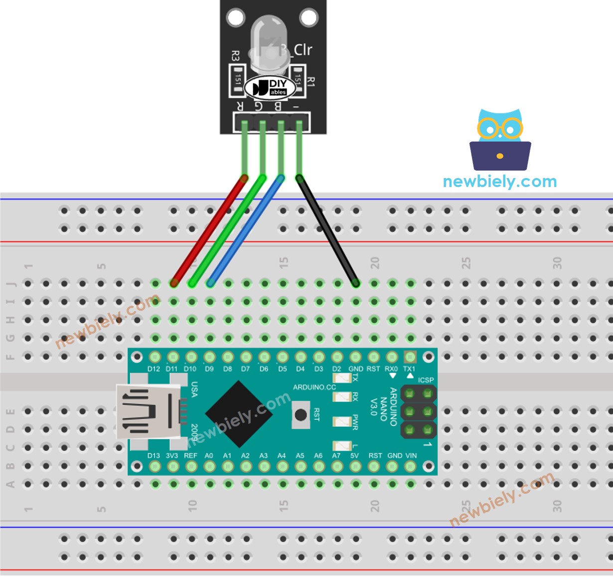 Diagrama de ligação do módulo LED RGB com Arduino Nano