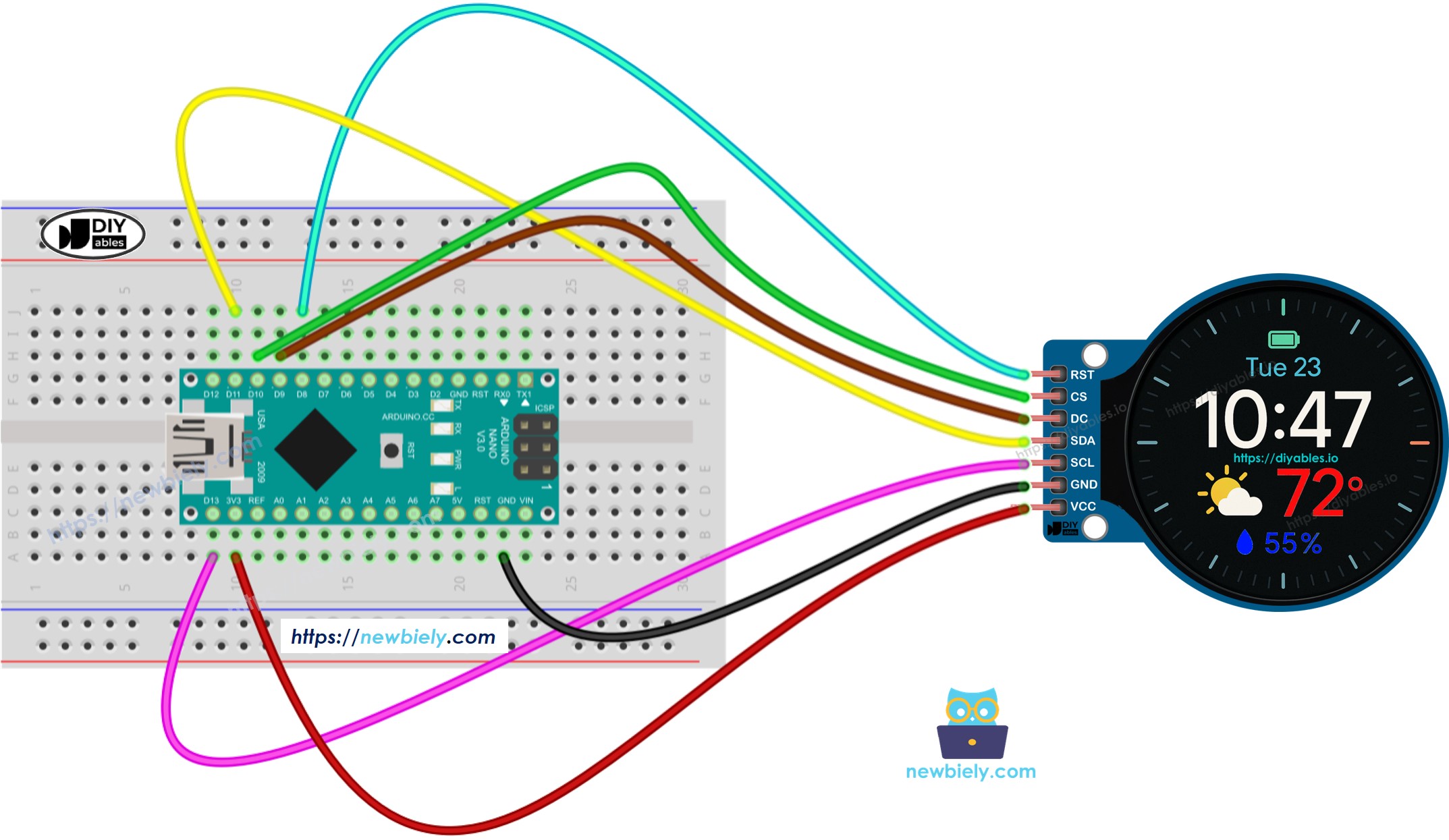 Diagrama de ligação da tela do Display TFT LCD Redondo Circular de 1,28 Polegada com Arduino Nano