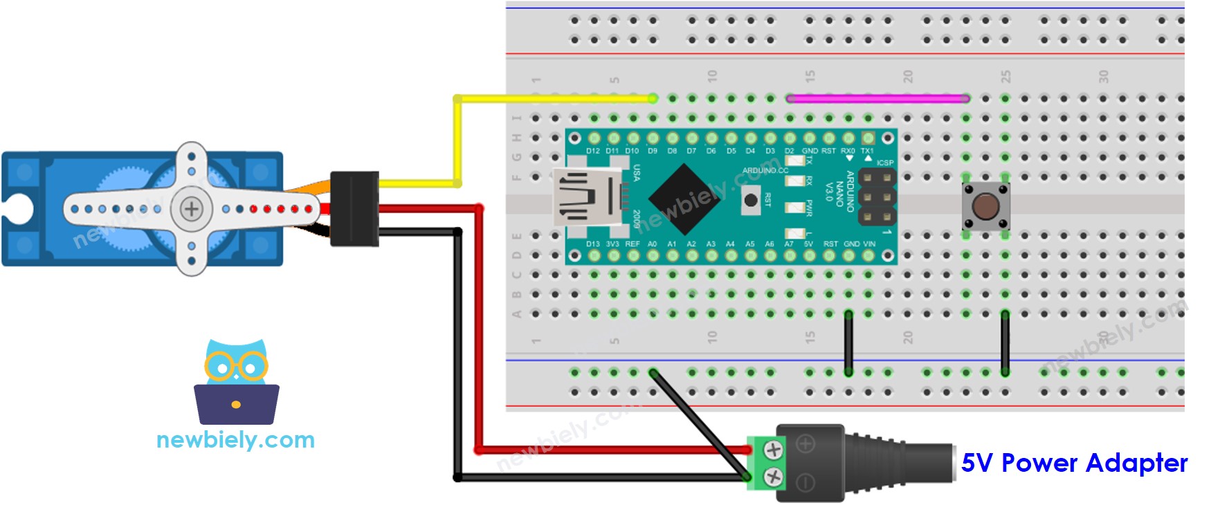 Diagrama de ligação do Arduino Nano com servo motor e botão