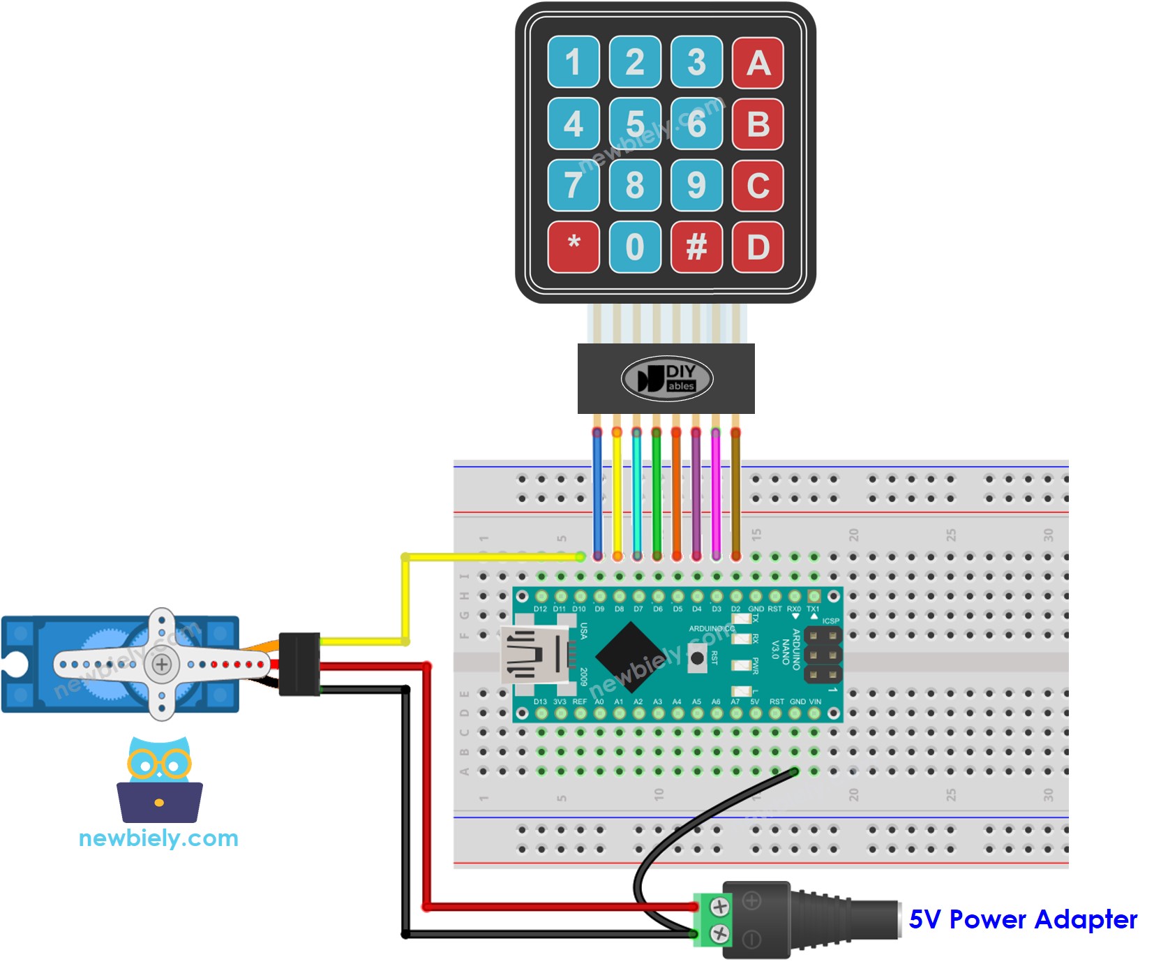 The wiring diagram between Arduino Nano and keypad servo motor