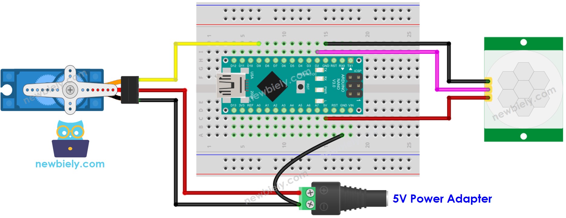 The wiring diagram between Arduino Nano and Motion Sensor Servo Motor