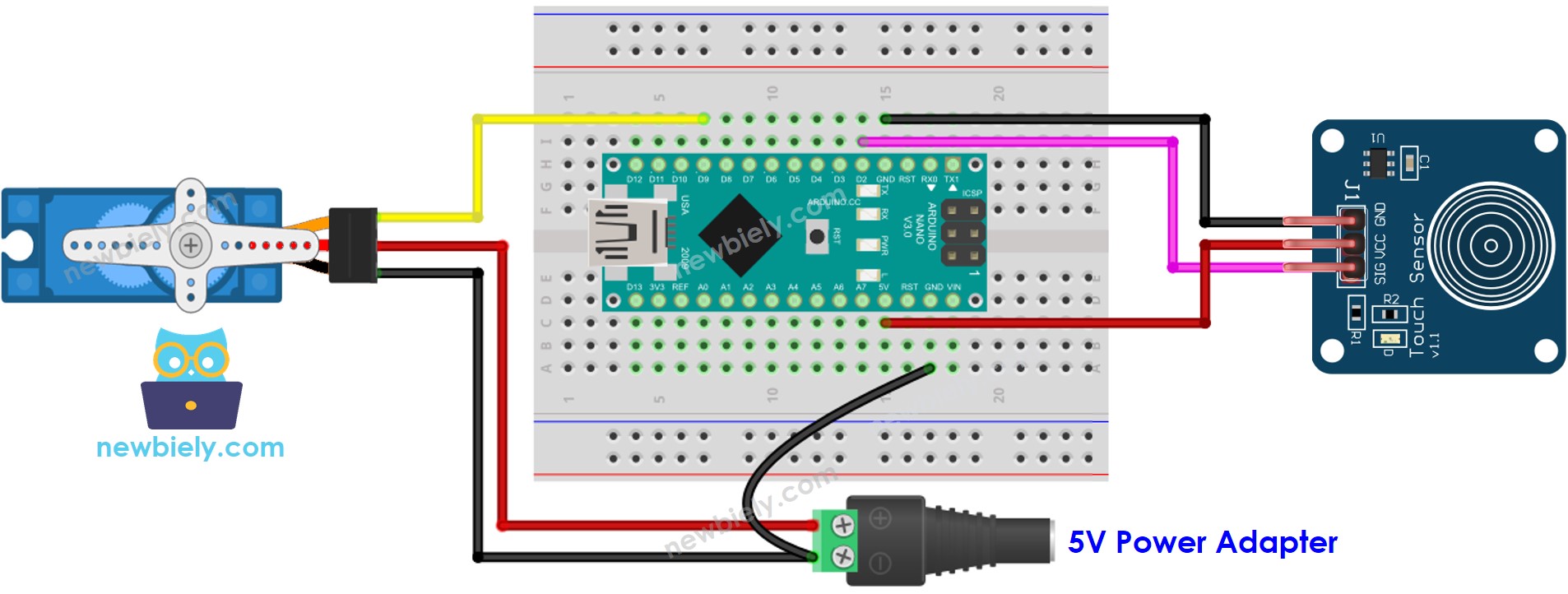 Diagrama de ligação do sensor de toque e servo motor com Arduino Nano