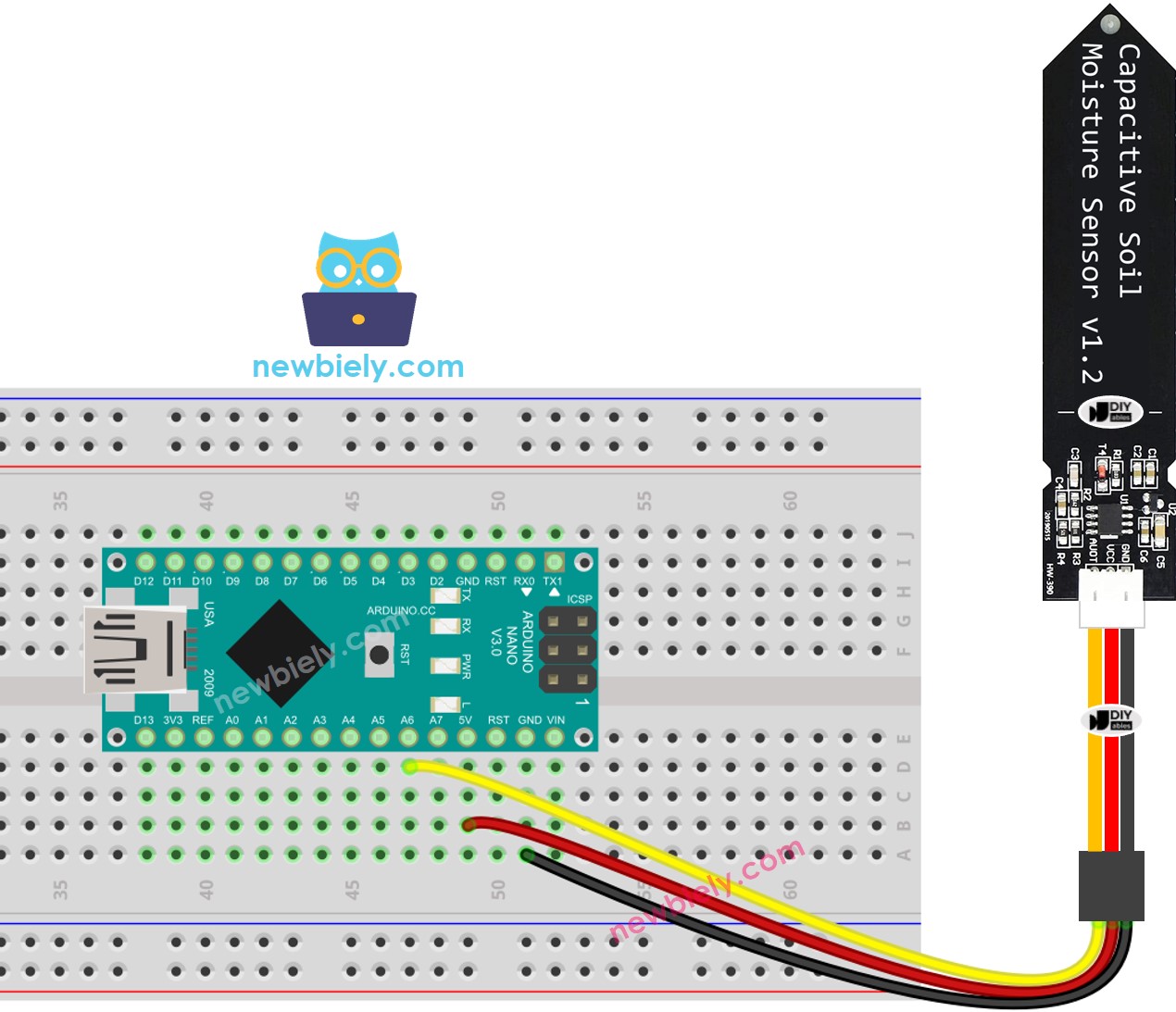 The wiring diagram between Arduino Nano and soil moisture sensor