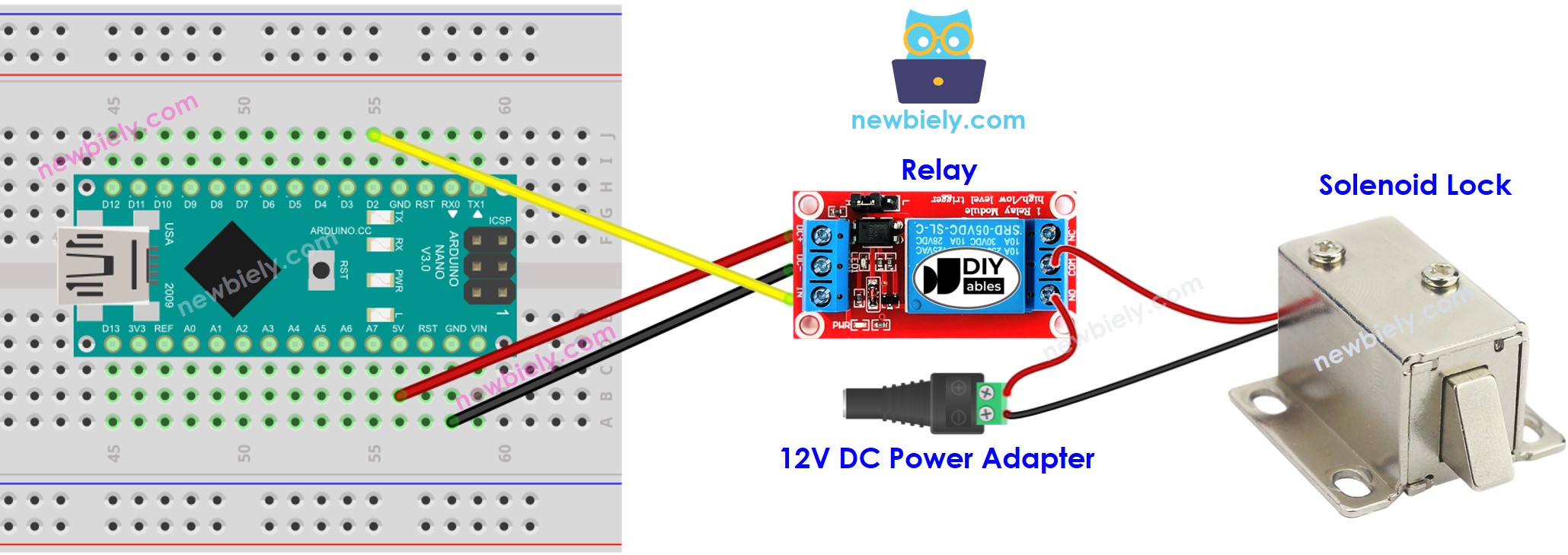 The wiring diagram between Arduino Nano and Solenoid Lock