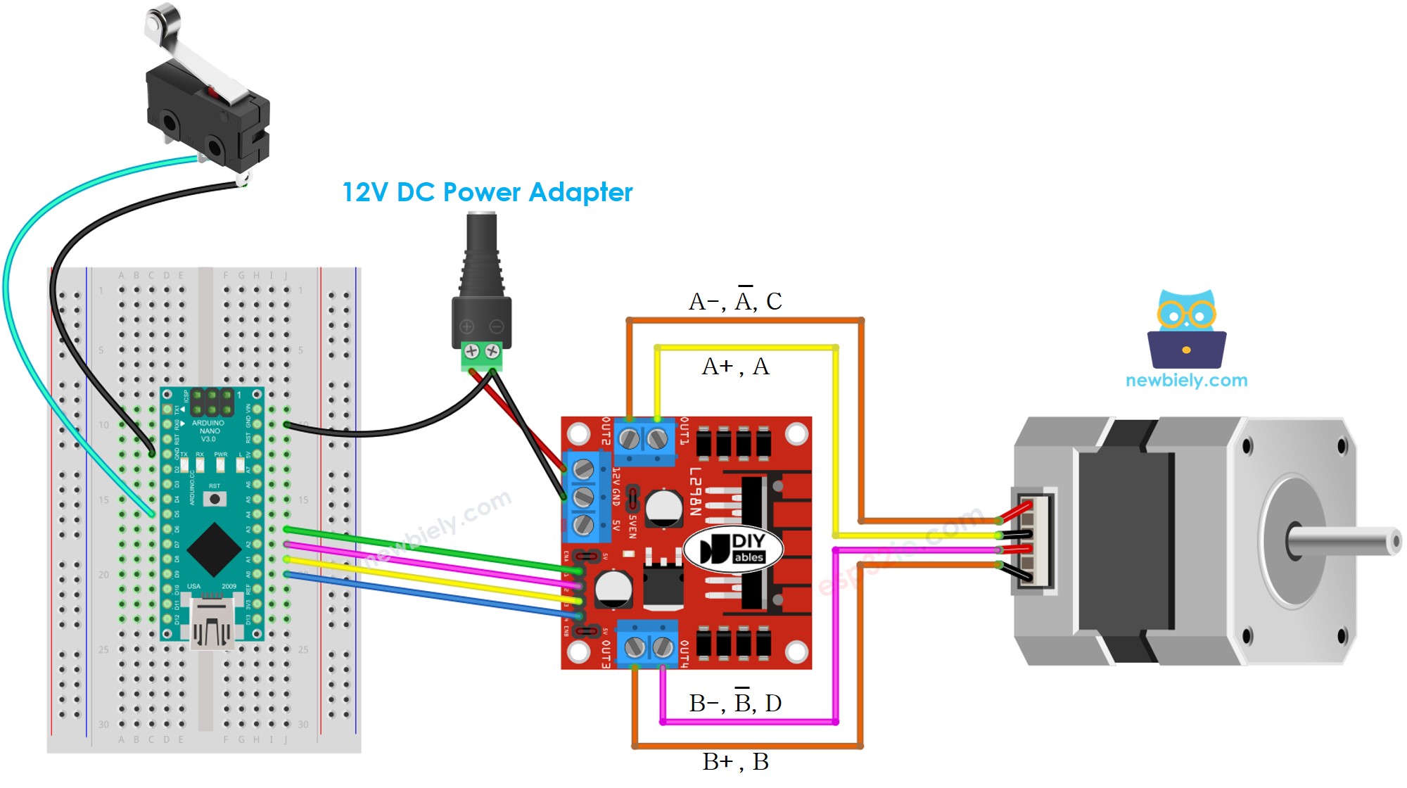 Diagrama de ligação do Arduino Nano com motor de passo e chave fim de curso