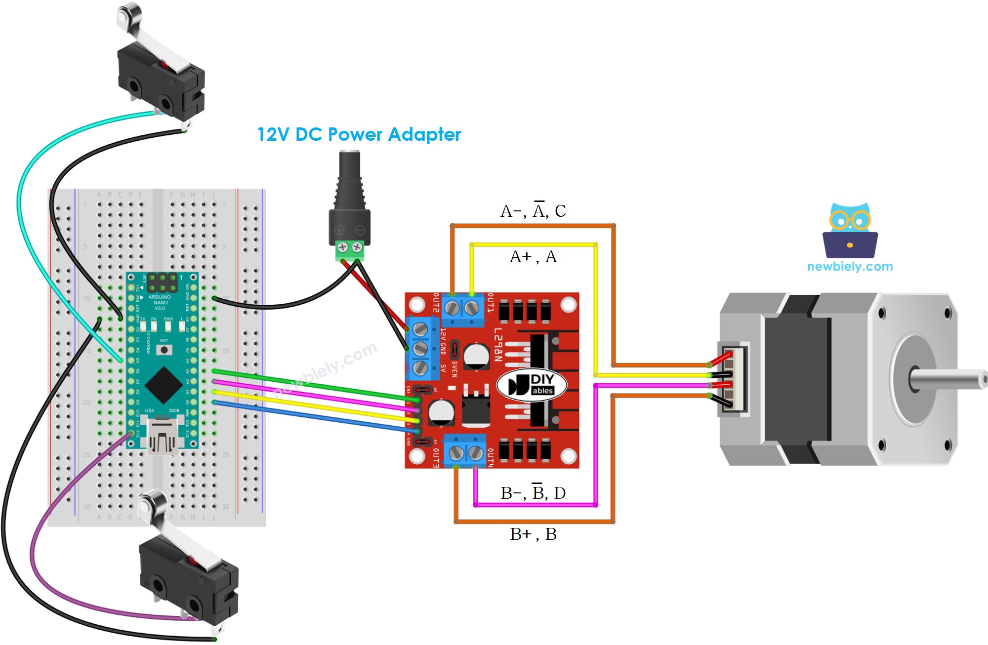 Diagrama de ligação do Arduino Nano com motor de passo e duas chaves fim de curso