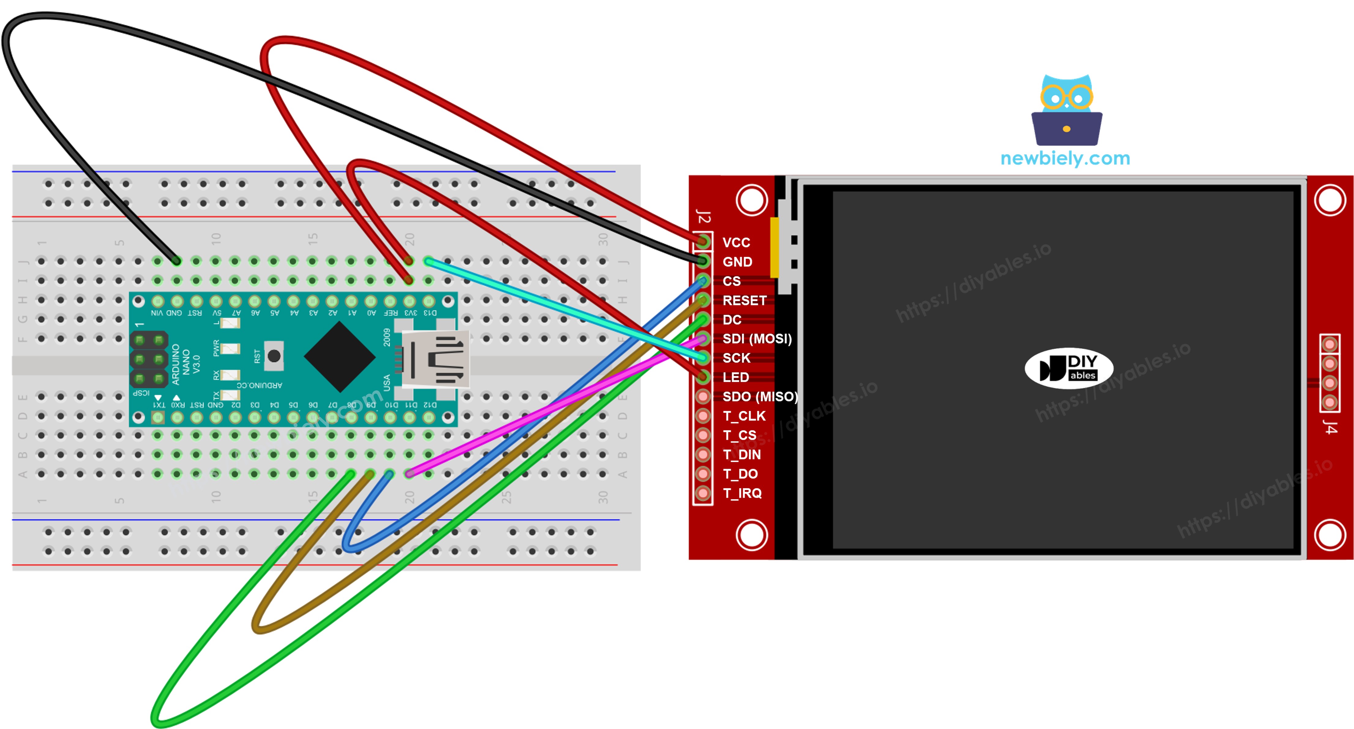 Diagrama de ligação do display TFT SPI com Arduino Nano sem touch