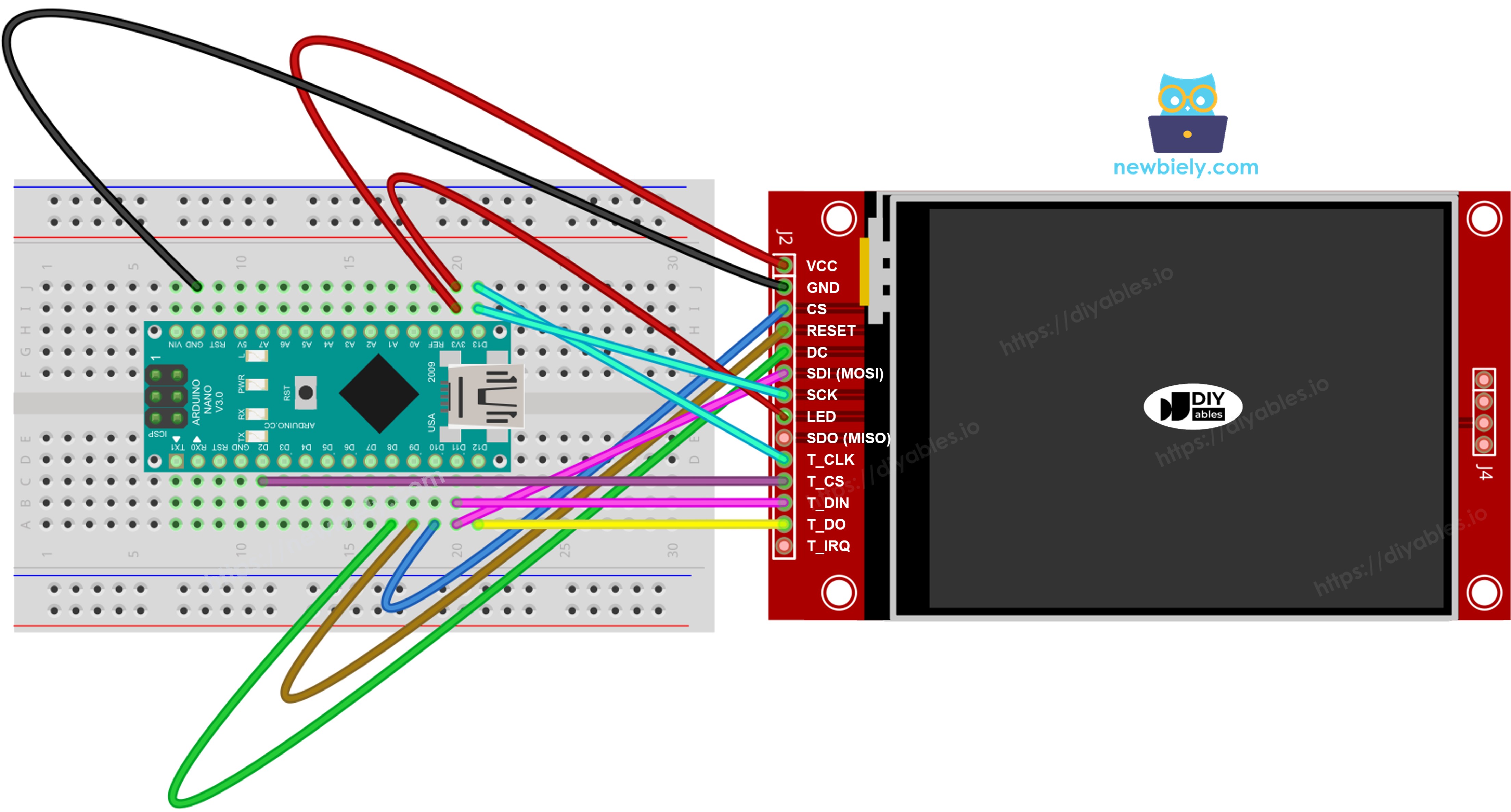 Diagrama de ligação do display TFT SPI com Arduino Nano com touch