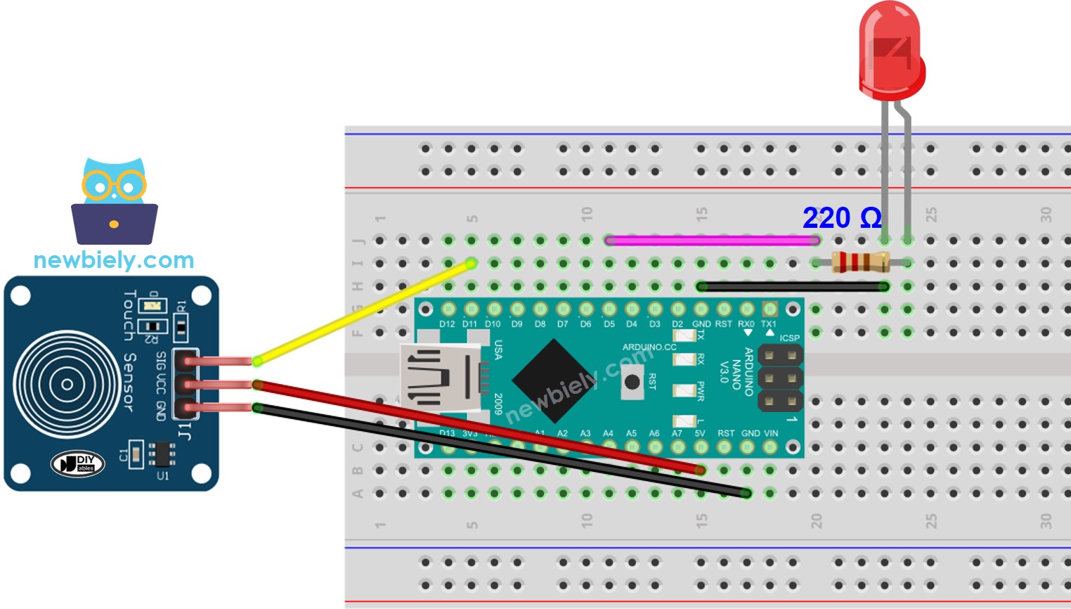 Diagrama de ligação do sensor de toque e LED com Arduino Nano