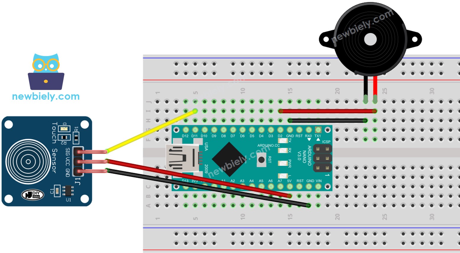 Diagrama de ligação do sensor de toque e piezo buzzer com Arduino Nano