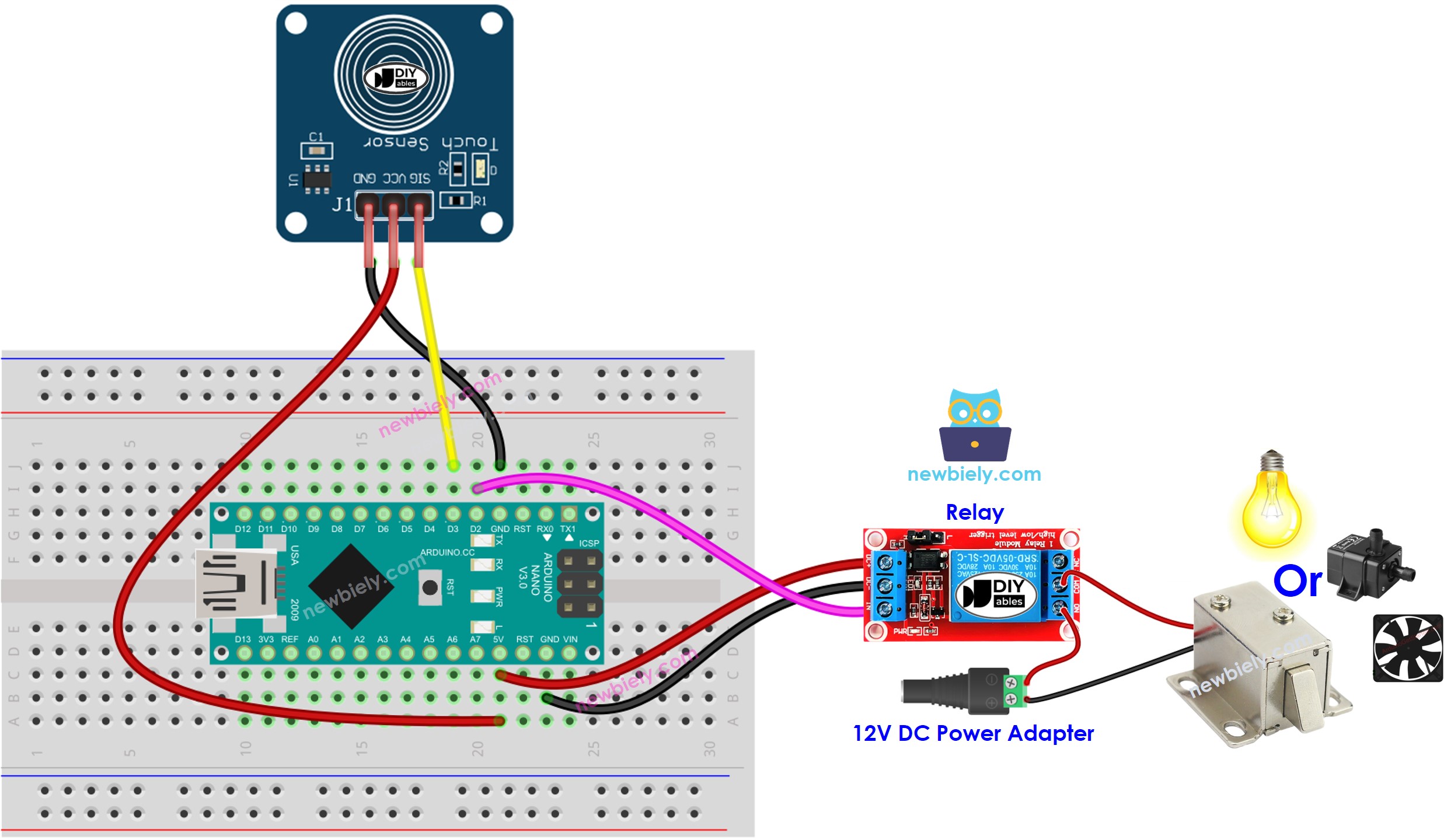 Diagrama de ligação do sensor de toque e relé com Arduino Nano