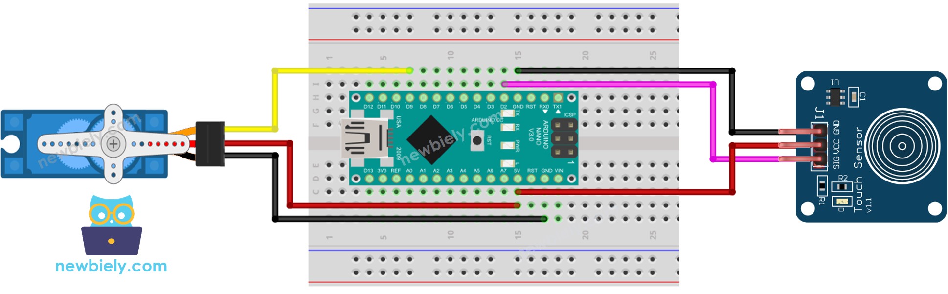 Diagrama de ligação do sensor de toque e servo motor com Arduino Nano