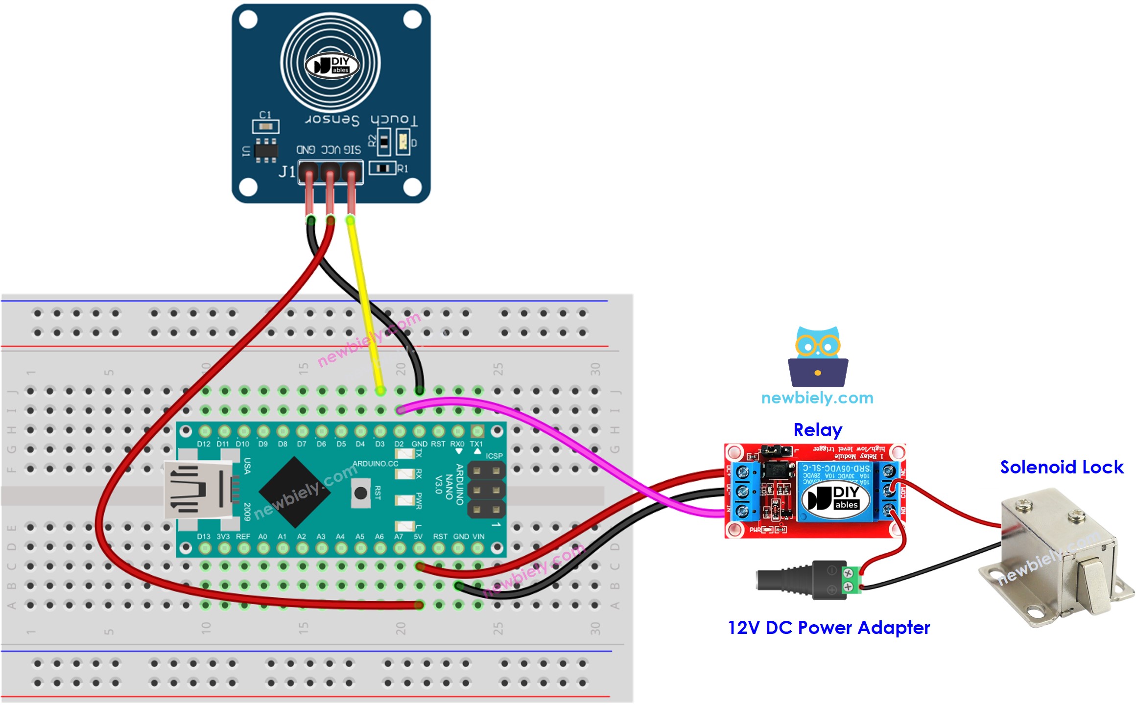 Diagrama de ligação do sensor de toque e trava solenoide com Arduino Nano