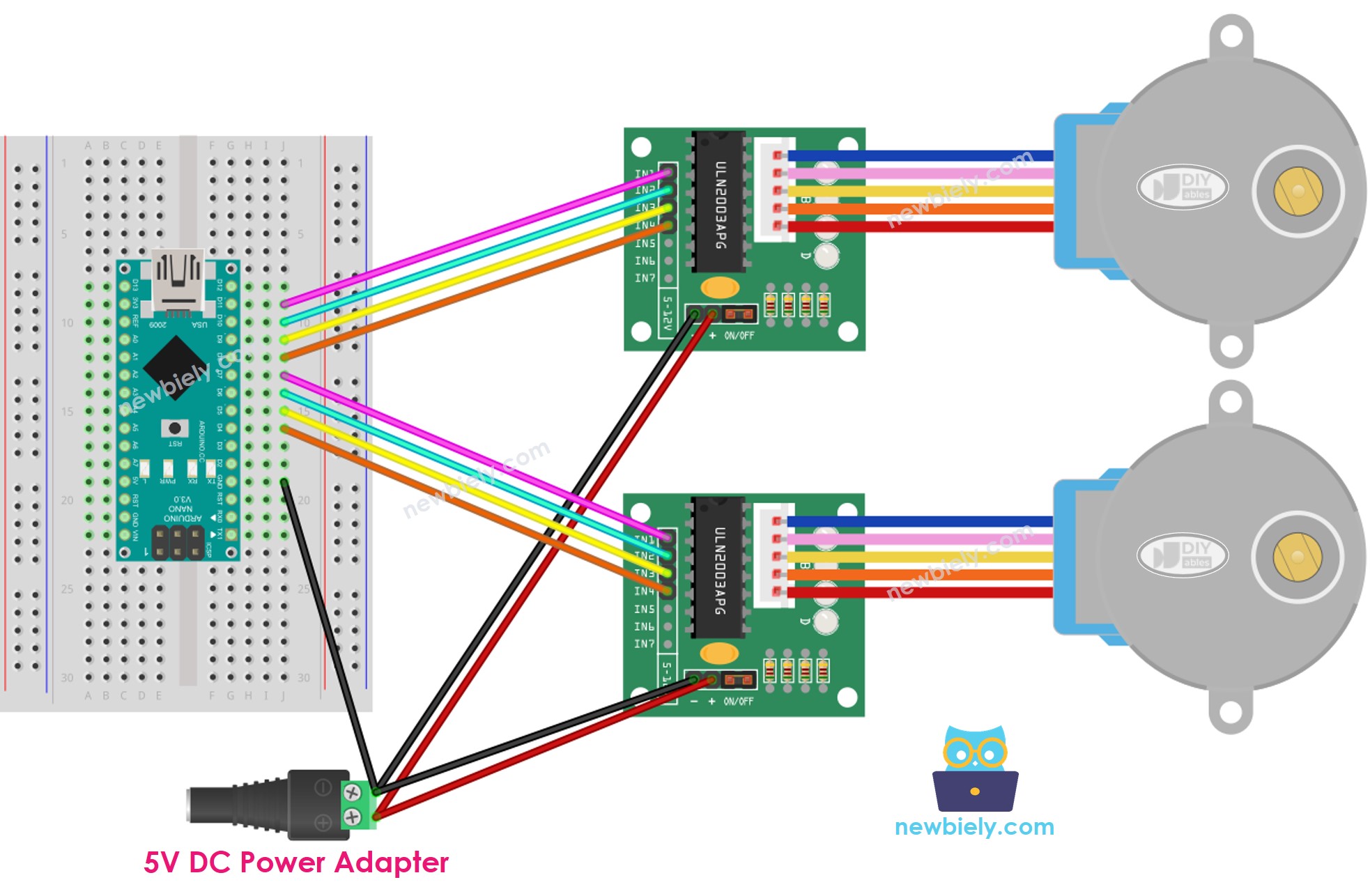 Diagrama de ligação do Arduino Nano com dois motores de passo e drivers ULN2003