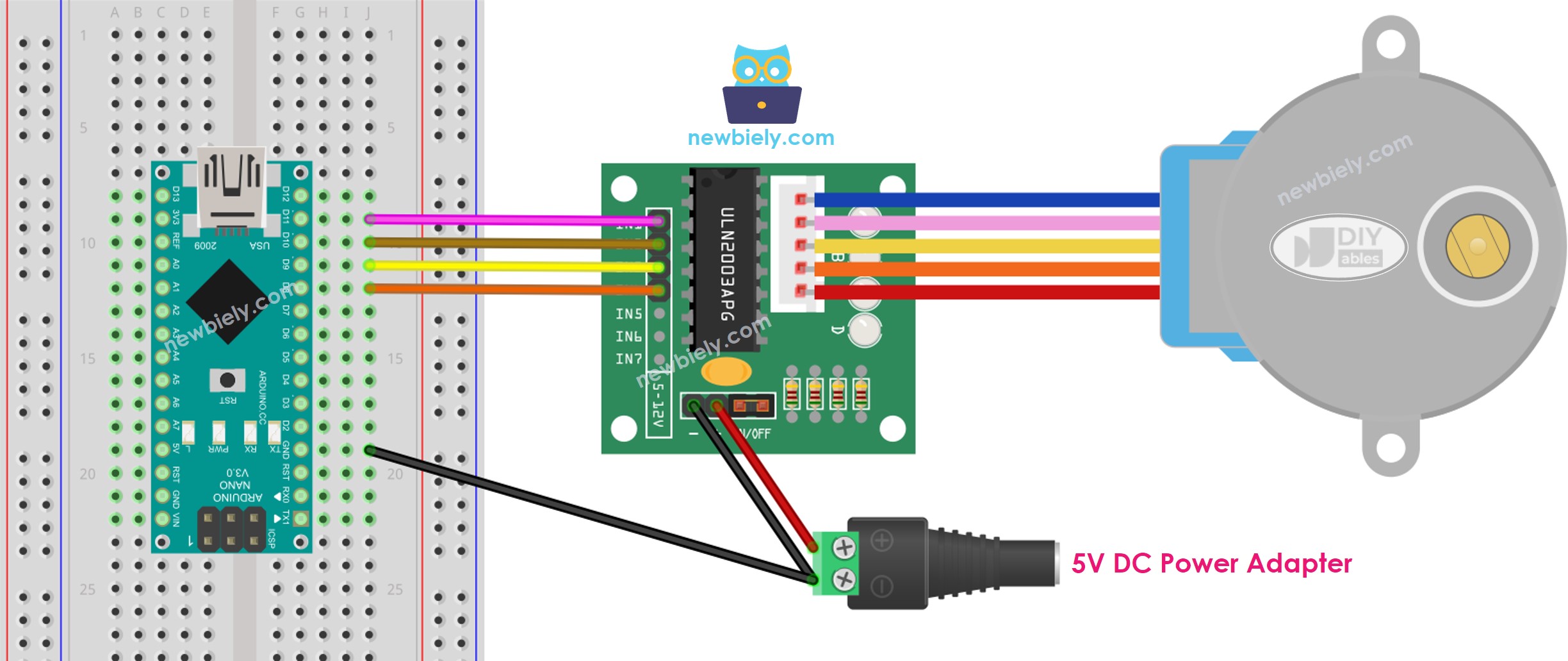 Diagrama de ligação do Arduino Nano com motor de passo e driver ULN2003