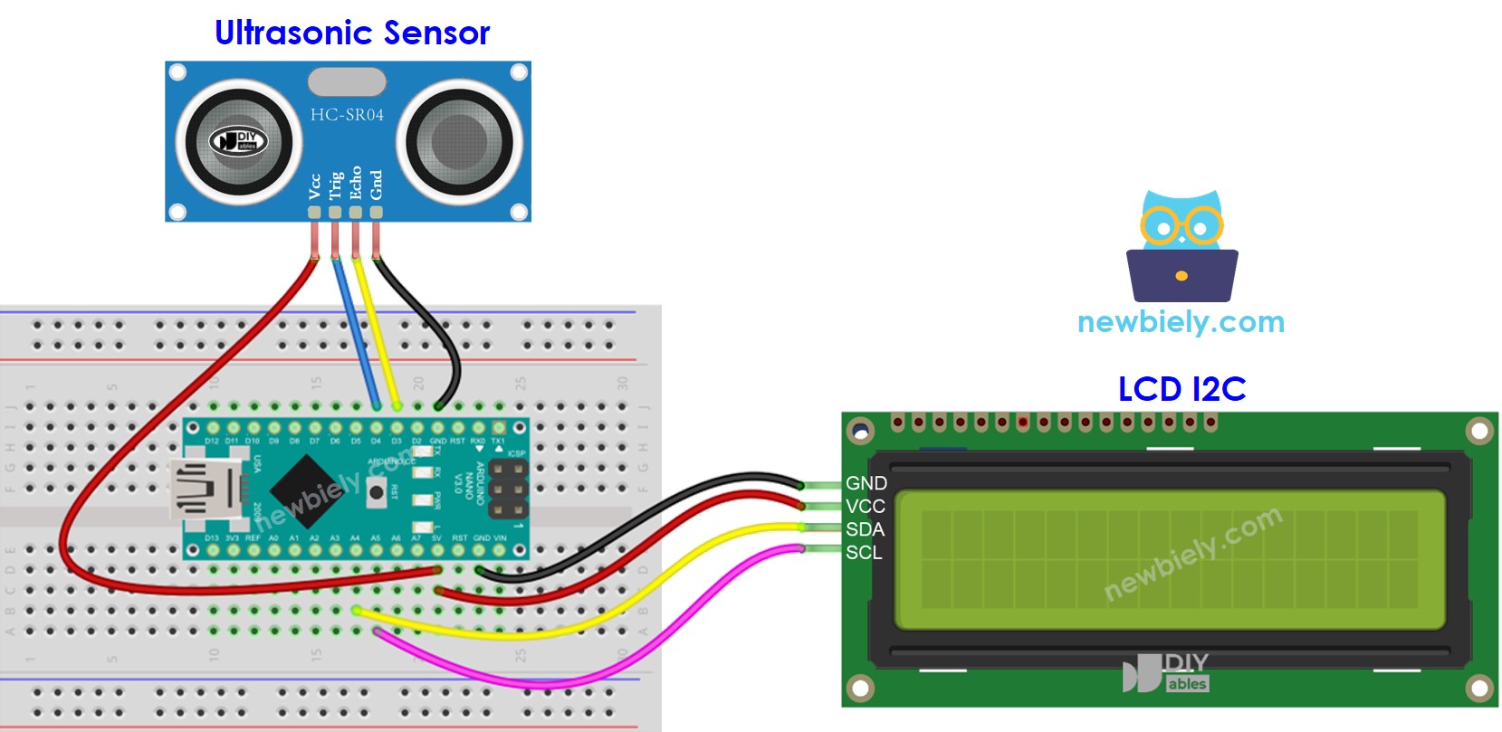 Diagrama de ligação do Arduino Nano com sensor ultrassônico e LCD