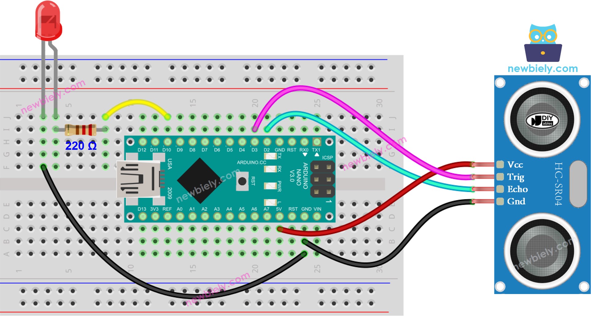 Diagrama de ligação do Arduino Nano com sensor ultrassônico e LED