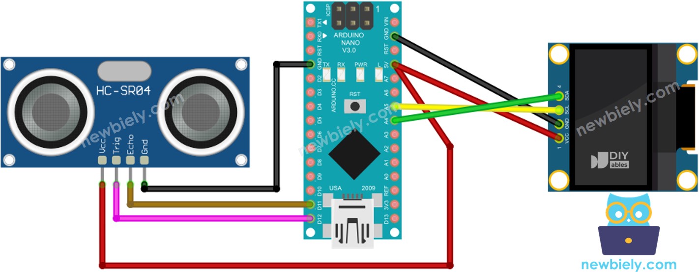 Diagrama de ligação do Arduino Nano com sensor ultrassônico e OLED