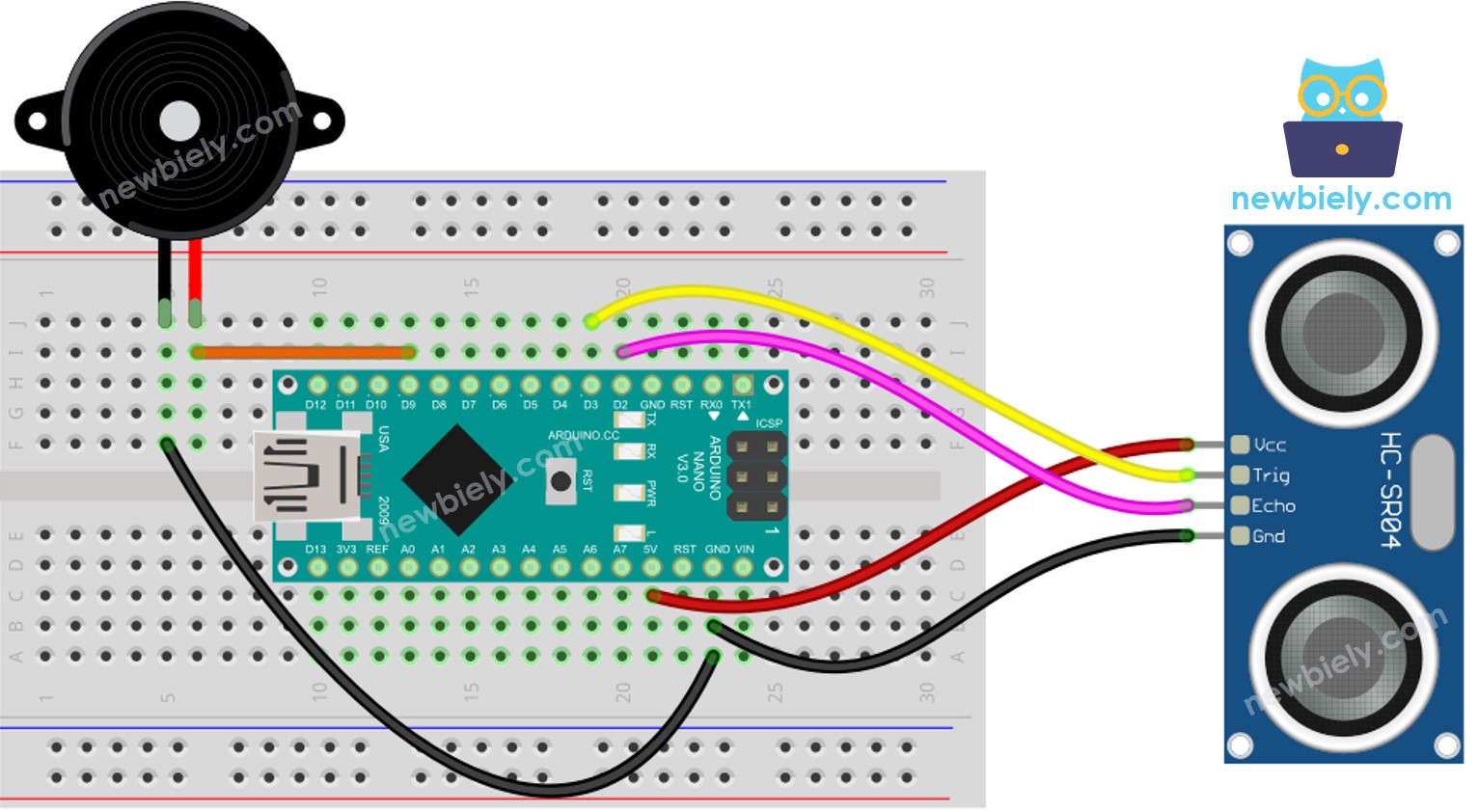 Diagrama de ligação do Arduino Nano com sensor ultrassônico e buzzer piezo