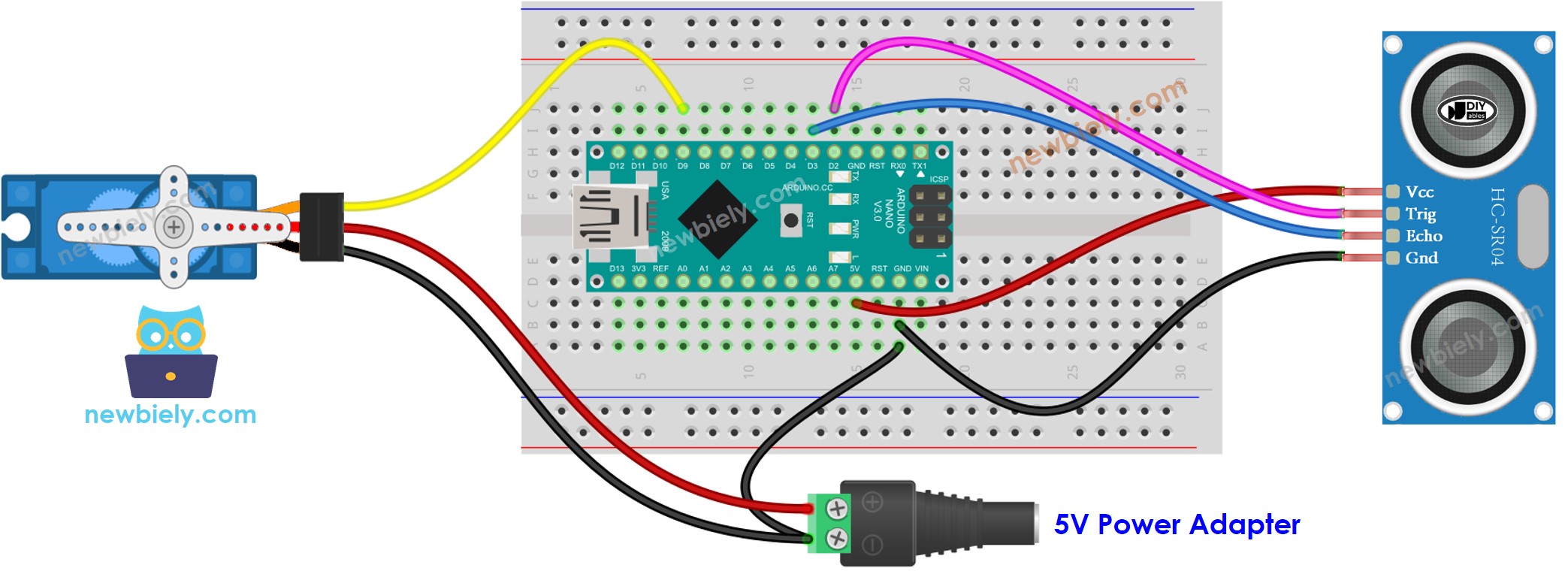Diagrama de ligação do Arduino Nano com sensor ultrassônico e servo motor