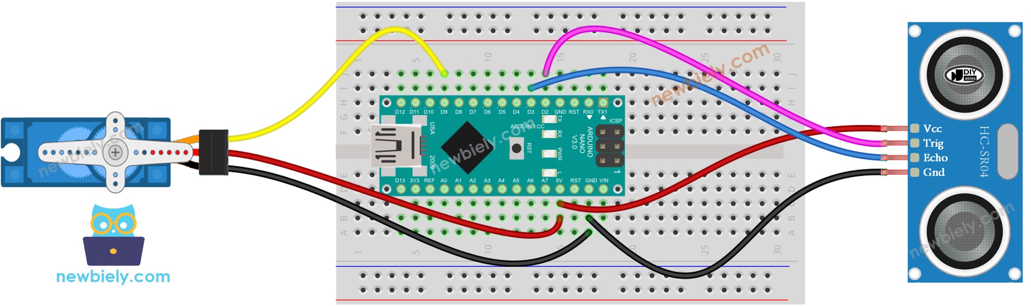 Diagrama de ligação do Arduino Nano com sensor ultrassônico e servo motor