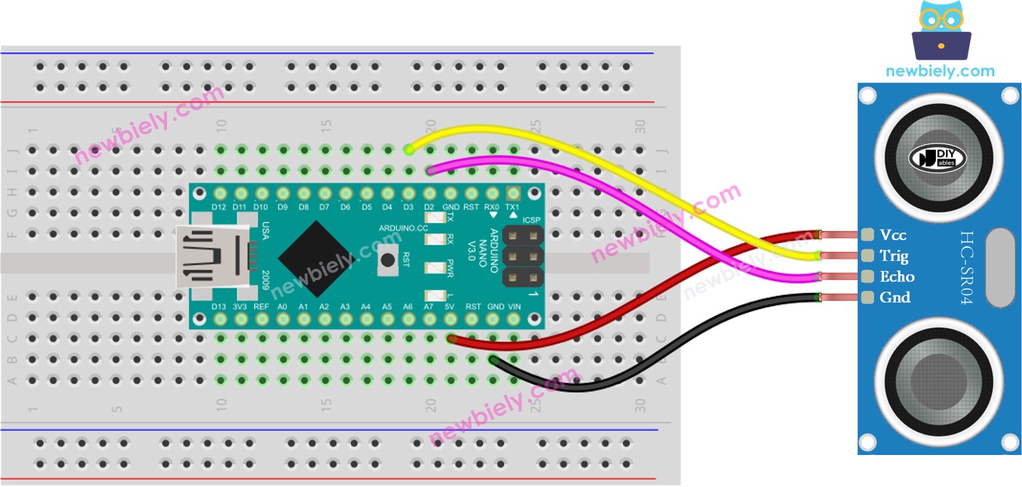 Diagrama de ligação do sensor ultrassônico com o Arduino Nano