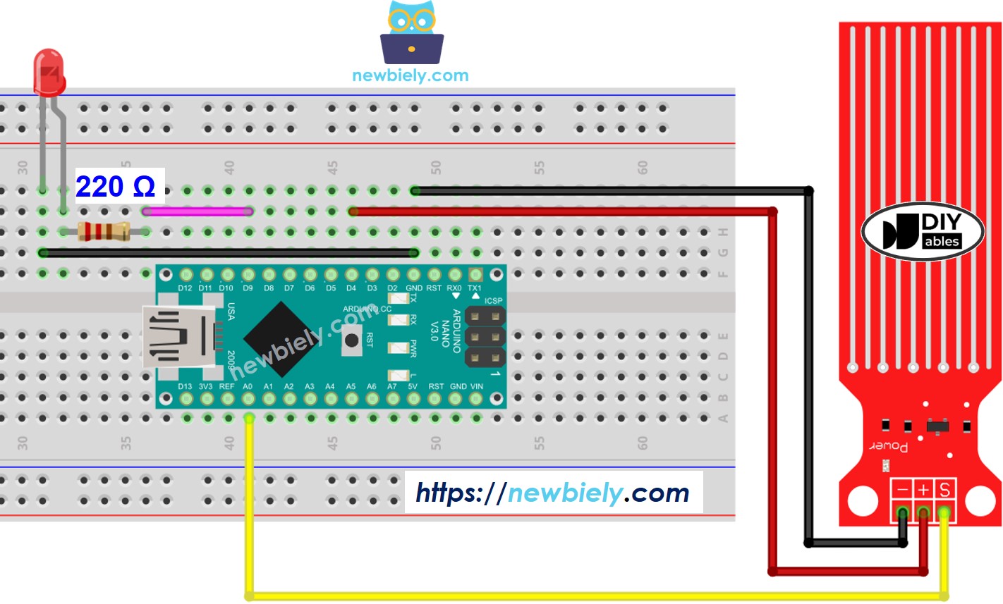 Diagrama de ligação do sensor de água com LED e Arduino Nano