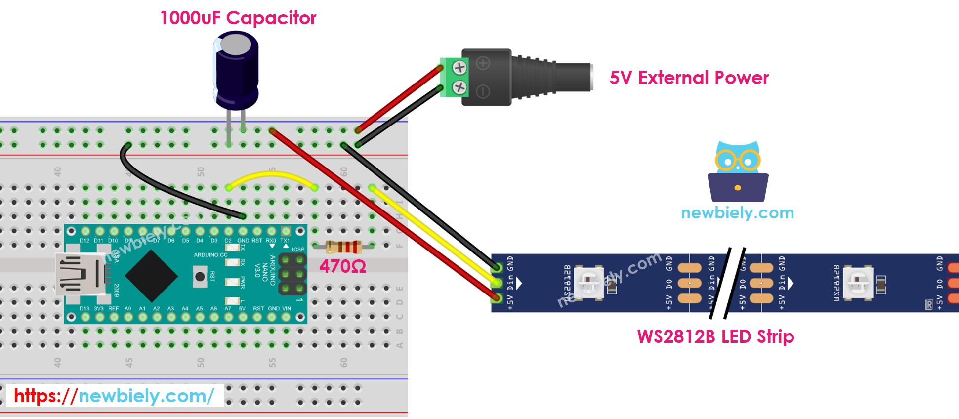Diagrama de ligação do Arduino Nano com fita LED RGB WS2812B