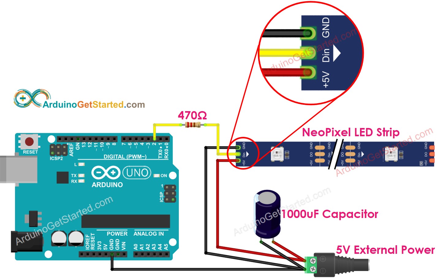 Diagrama de Ligação do Arduino com fita LED RGB NeoPixel