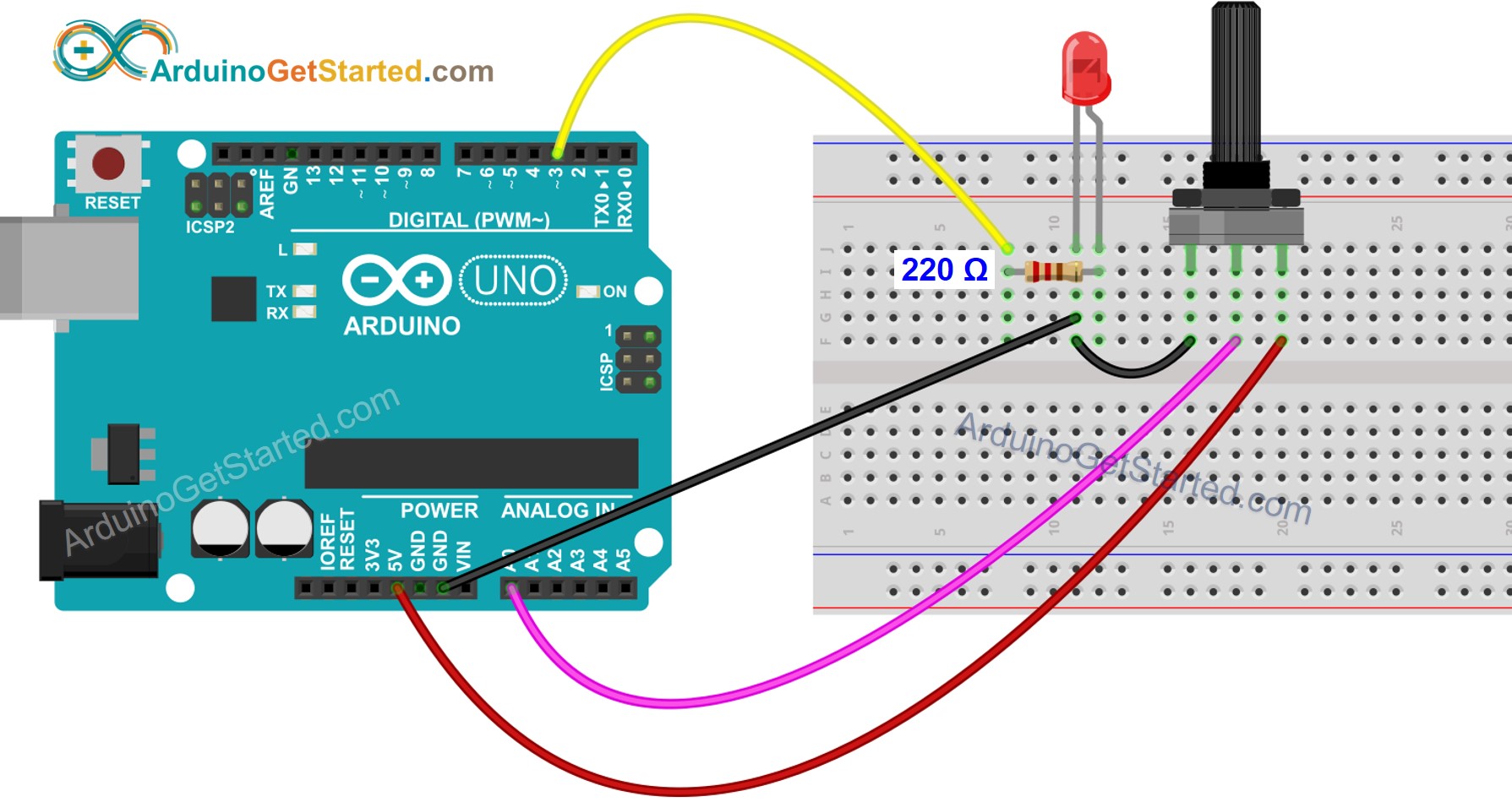 Diagrama de Ligação Arduino Potenciômetro Rotativo LED