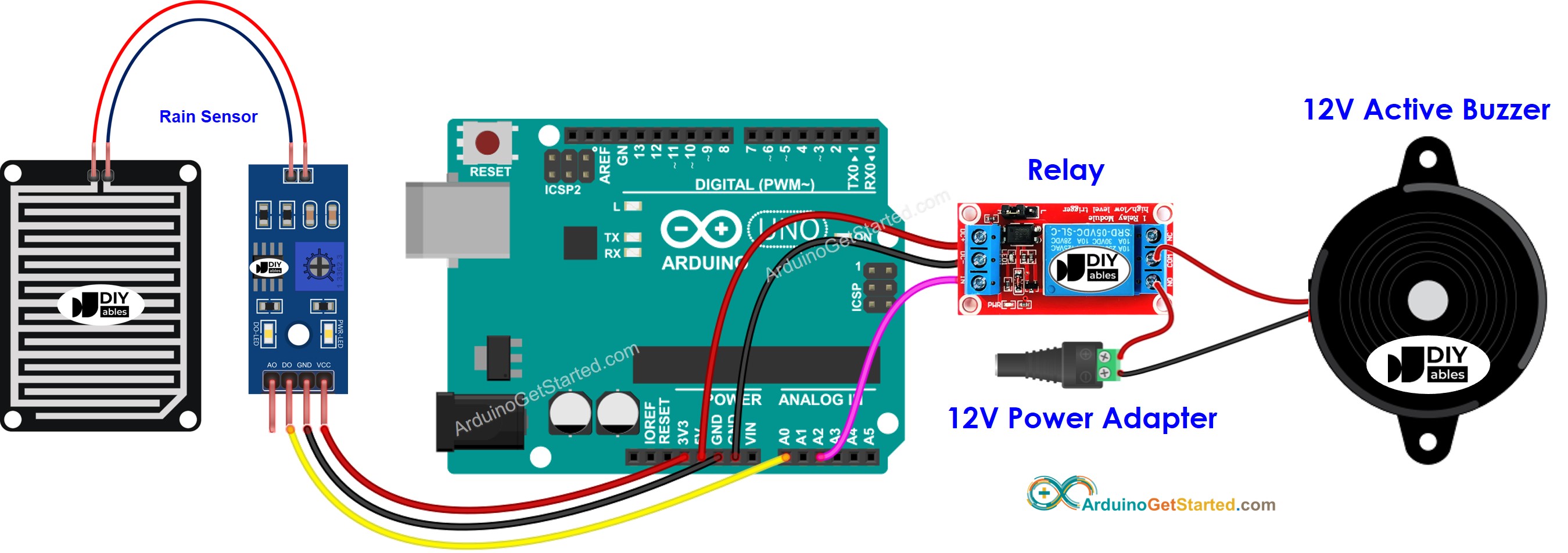 Diagrama de ligação do Arduino com sensor de chuva e buzzer de 12V