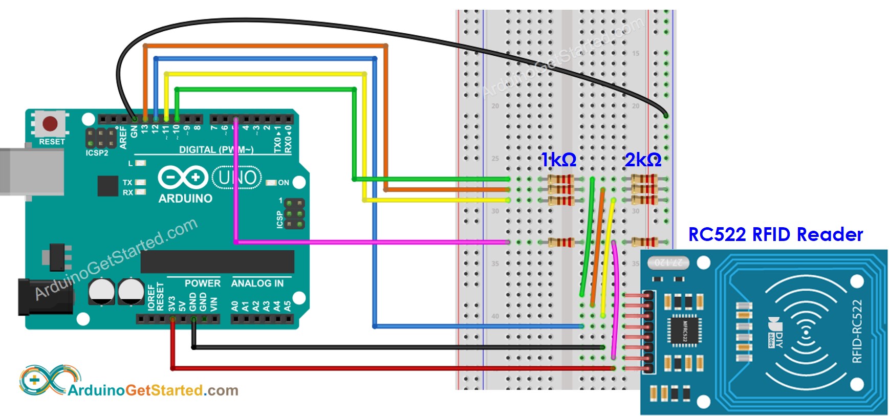 Diagrama de ligação do Arduino com RFID RC522 com tensão regulada