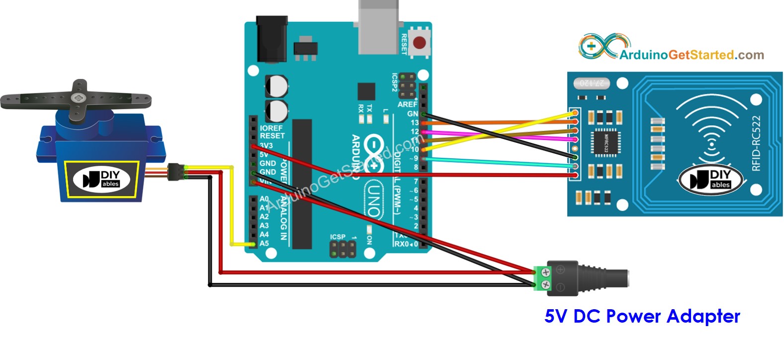 Diagrama de ligação do Arduino com RFID RC522 e servo motor