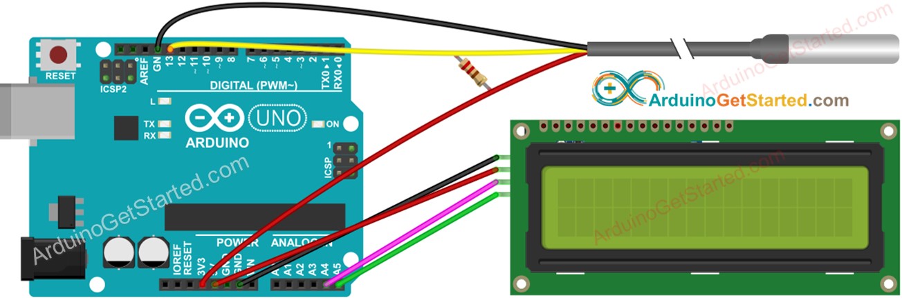 Diagrama de Ligação do Sensor de Temperatura e LCD com Arduino