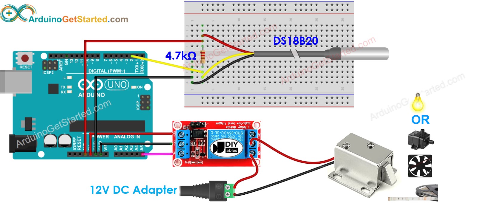Diagrama de ligação do Arduino com sensor de temperatura e relé