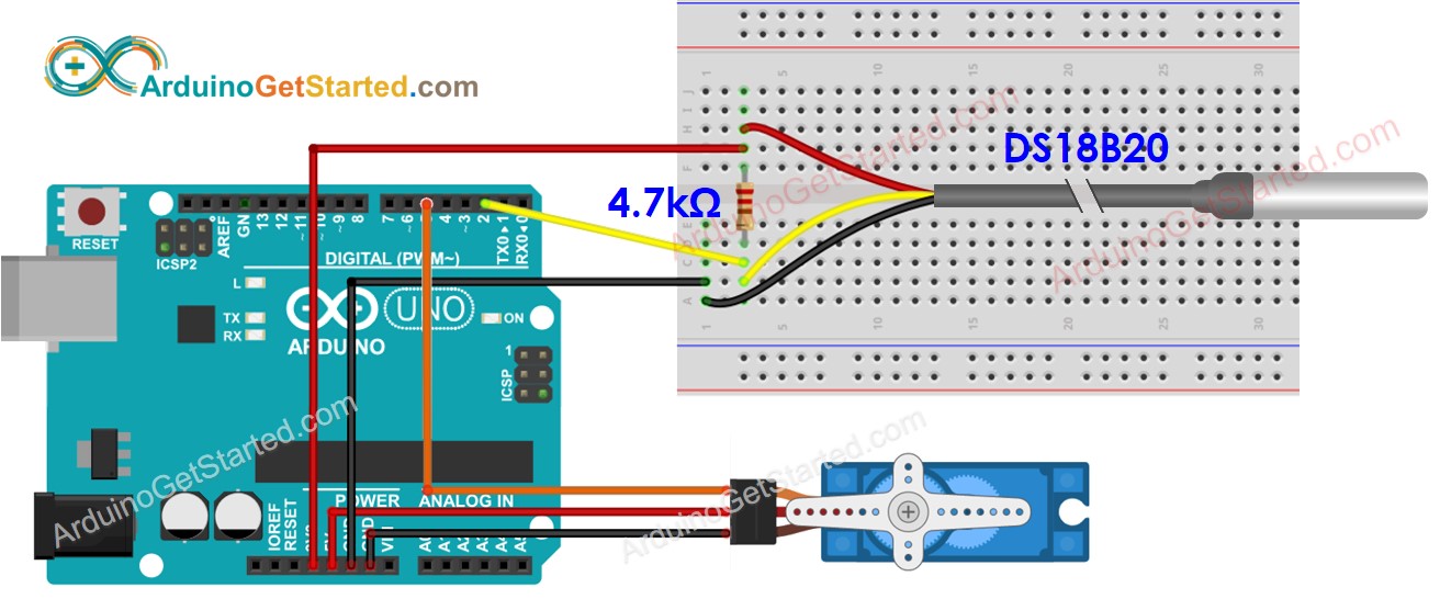 Diagrama de ligação do Arduino com DS18B20 e servo motor