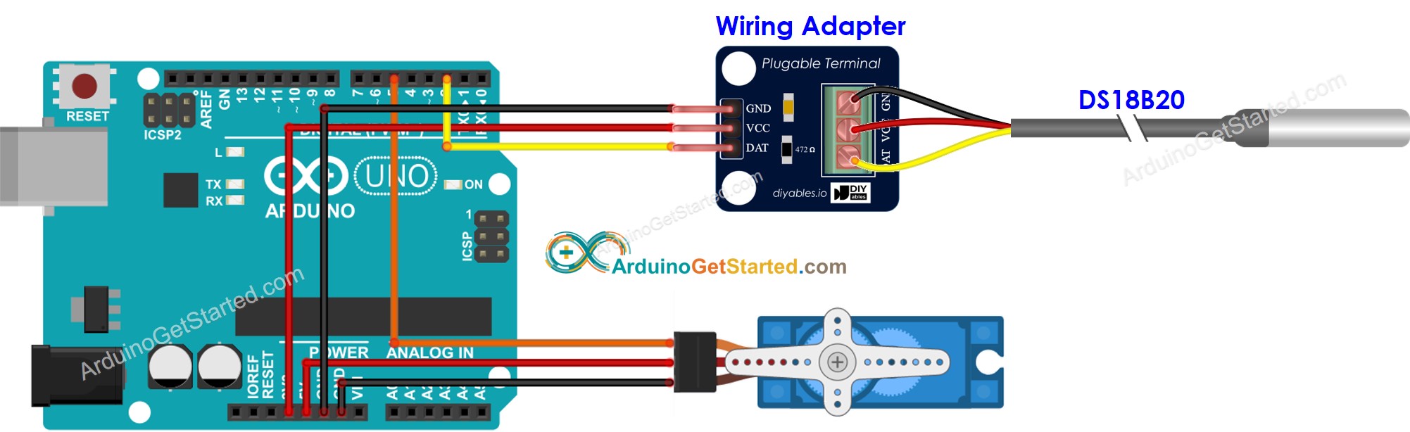 Diagrama de ligação do Arduino com sensor de temperatura e servo motor