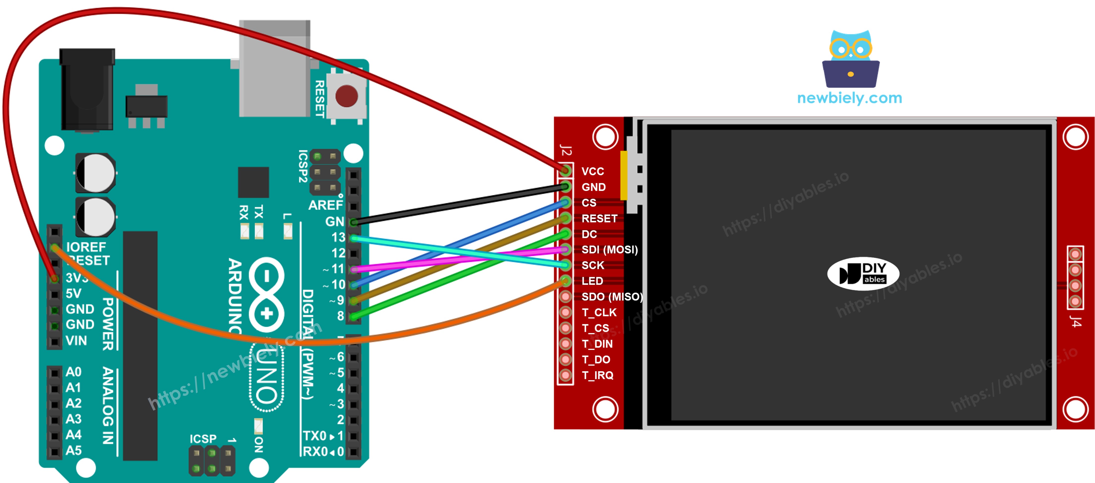 Diagrama de ligação do Arduino com display TFT SPI sem toque