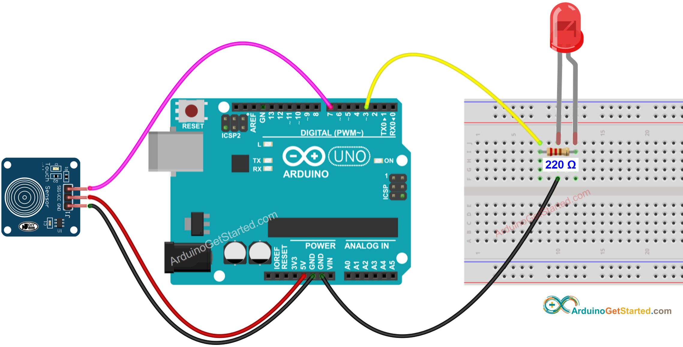 Diagrama de Ligação do Arduino com Sensor de Toque e LED