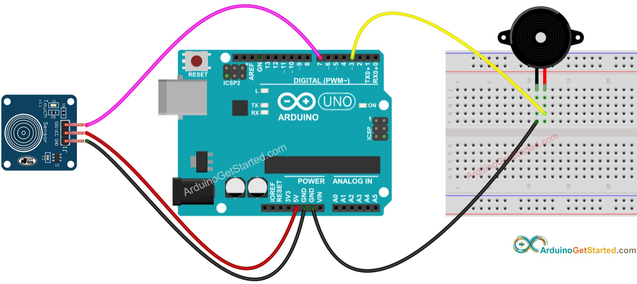 Diagrama de Ligação do Arduino com Sensor de Toque e Buzzer Piezo